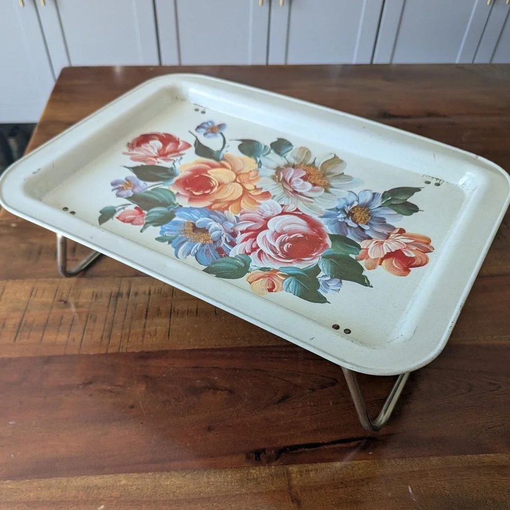 Vtg 70s Bed Tray Cream Floral Folding Metal Legs Retro Home Decor Cottagecore